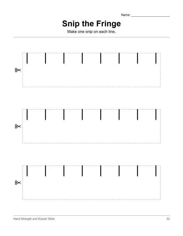 Worksheet with three dashed boxes containing vertical lines for snipping practice.