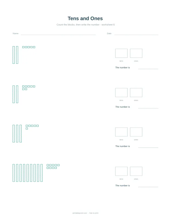 Worksheet with illustrations of vertical bars representing tens and squares representing ones, with spaces to write numbers.