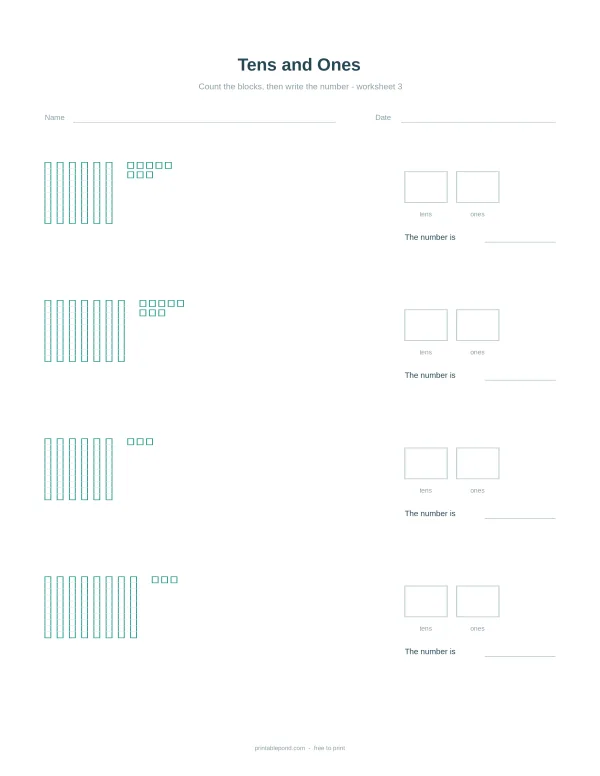 Tens and ones blocks shown with lines representing tens and small squares representing ones.