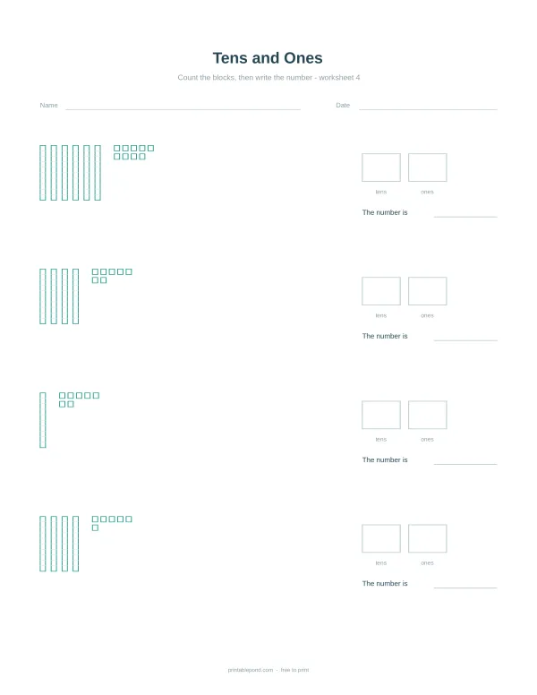 Worksheet with visual representations of tens rods and ones cubes for counting practice.