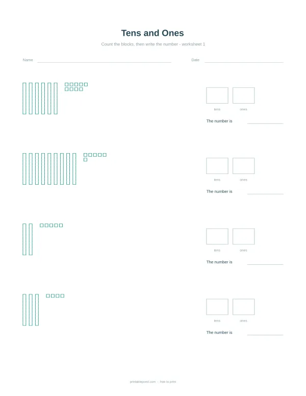 Worksheet with columns of vertical bars representing tens and rows of squares representing ones.