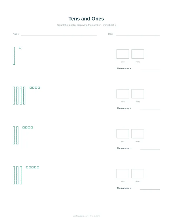 Worksheet with rows of vertical lines representing tens and small squares representing ones to count.