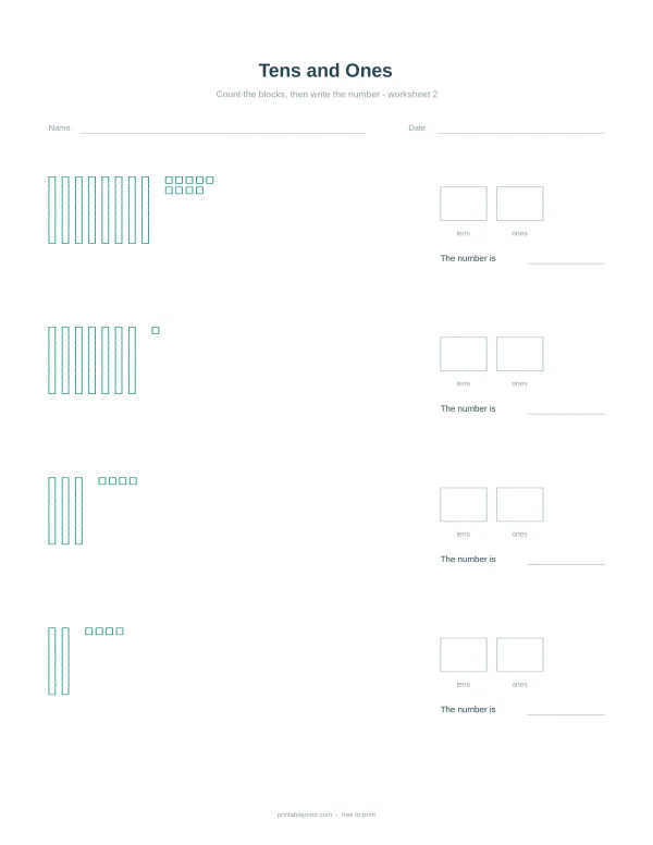 Worksheet showing rows of ten blocks and individual ones blocks for counting and writing numbers.