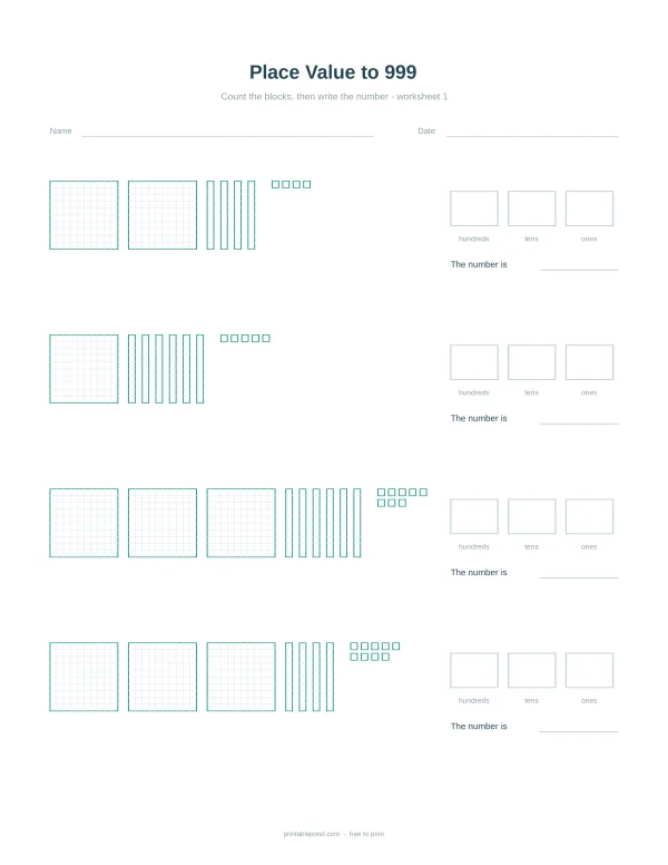 Place value worksheet showing base-ten blocks for hundreds, tens, and ones, and spaces to write the number.