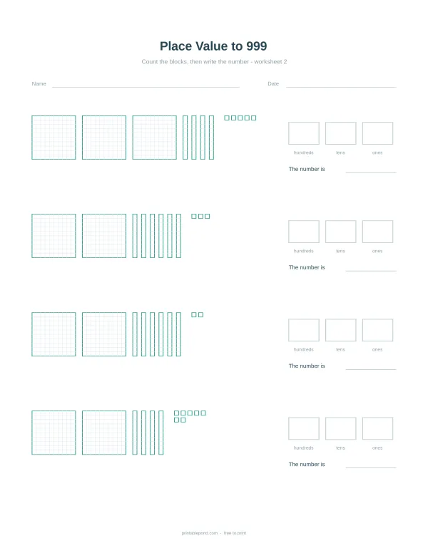 Worksheet with illustrations of base-ten blocks representing hundreds, tens, and ones.