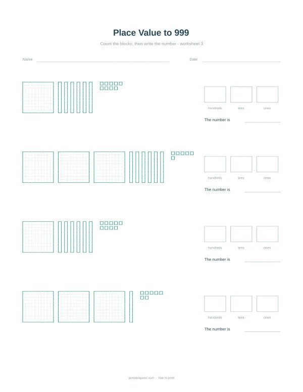 Worksheet with place value blocks for hundreds, tens, and ones, and spaces to write numbers.