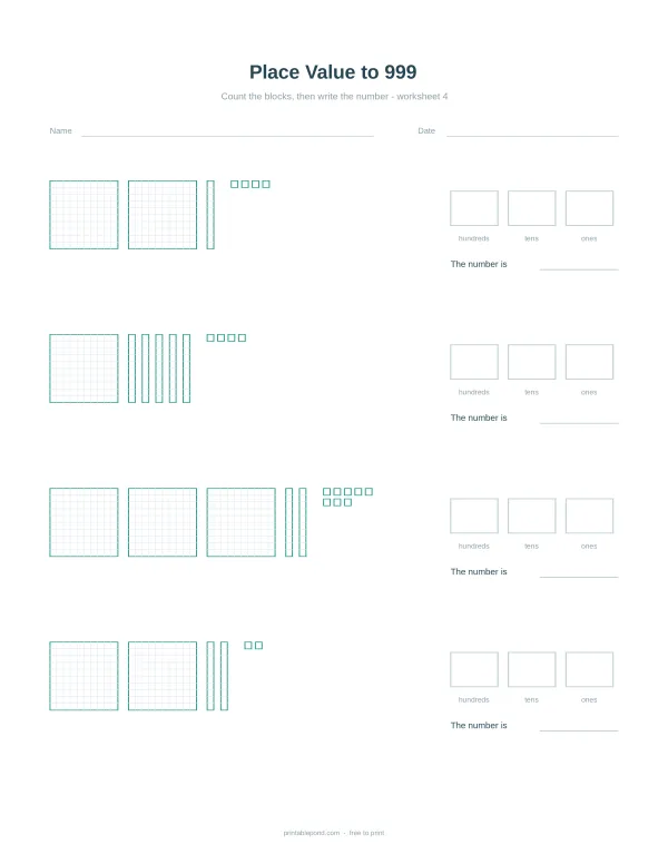 Worksheet showing place value blocks representing hundreds, tens, and ones for math problems.