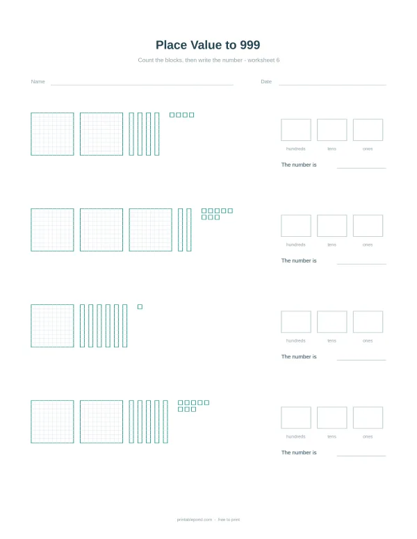 Worksheet showing base-ten blocks and boxes for writing numbers up to 999.