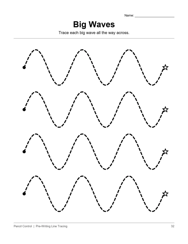 Dotted wavy lines starting with a circle and ending with a star on a worksheet.