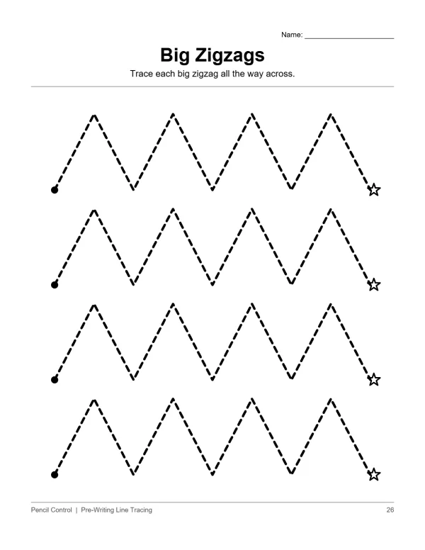 Dashed zigzag lines for tracing, starting with a dot and ending with a star.