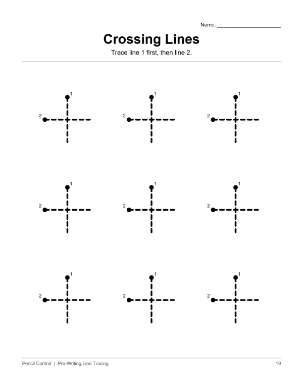 Nine dashed line plus shapes with dots labeled 1 and 2 for tracing practice.