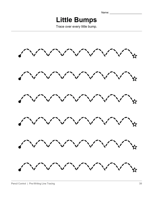 Dotted zig-zag lines starting with a circle and ending with a star for tracing practice.