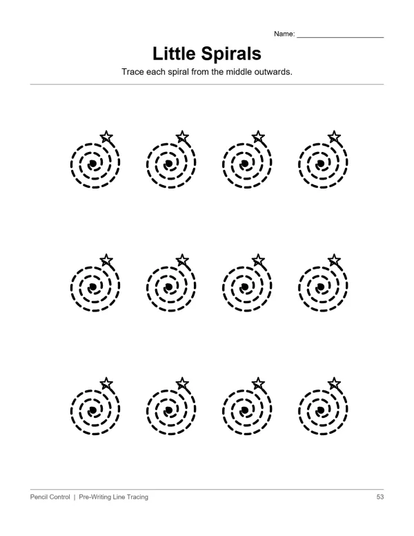 Dotted line spirals with small stars at the top, arranged in rows on a worksheet.