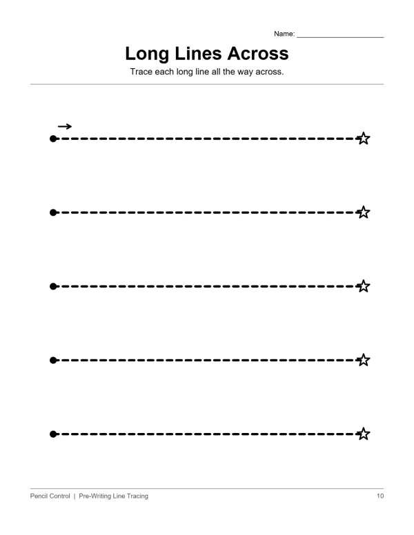 Five horizontal dashed lines with starting dots and star endpoints for tracing practice.