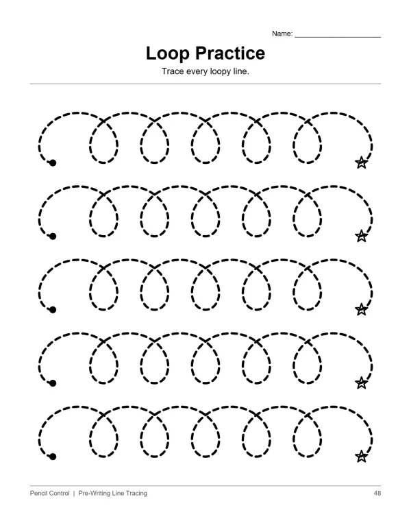 Dashed looping lines with dots and stars for tracing practice on a worksheet.