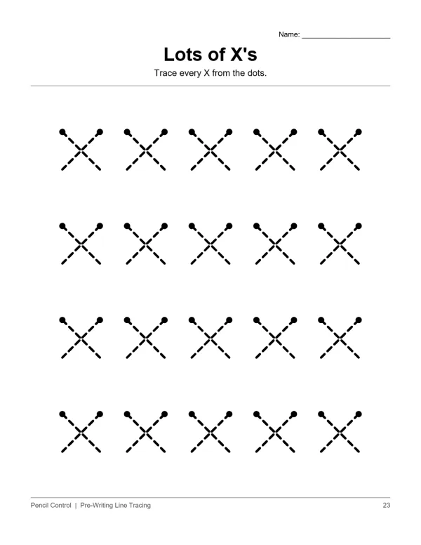 Worksheet with multiple rows of dashed lines forming the letter X, each with starting dots to trace.