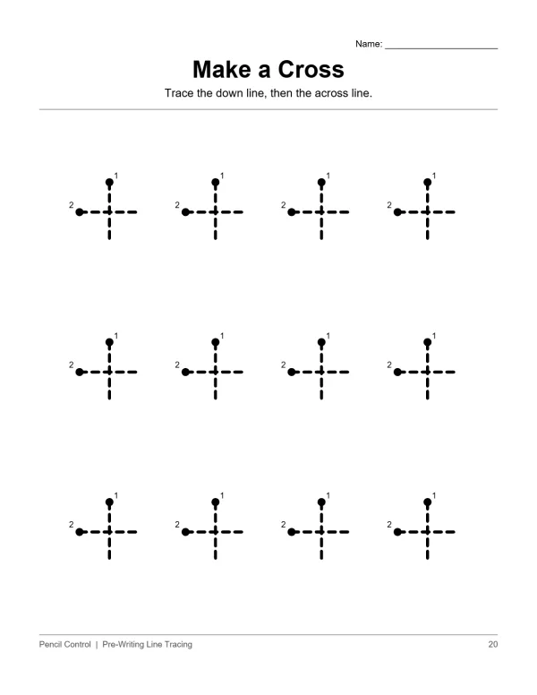 Twelve dotted cross shapes with numbers indicating tracing order for a pre-writing worksheet.