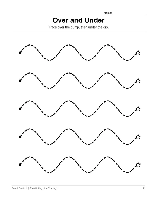 Dashed wavy lines starting with a dot and ending with a star, for tracing practice.