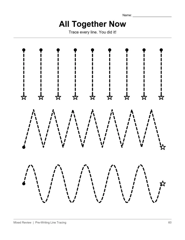 Worksheet with three rows of dashed lines to trace: vertical lines, zigzag lines, and wavy lines.