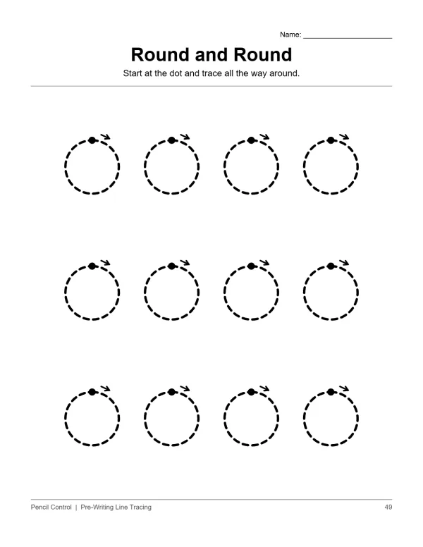 Dotted circles with start dots and arrows showing tracing direction for pencil control practice.