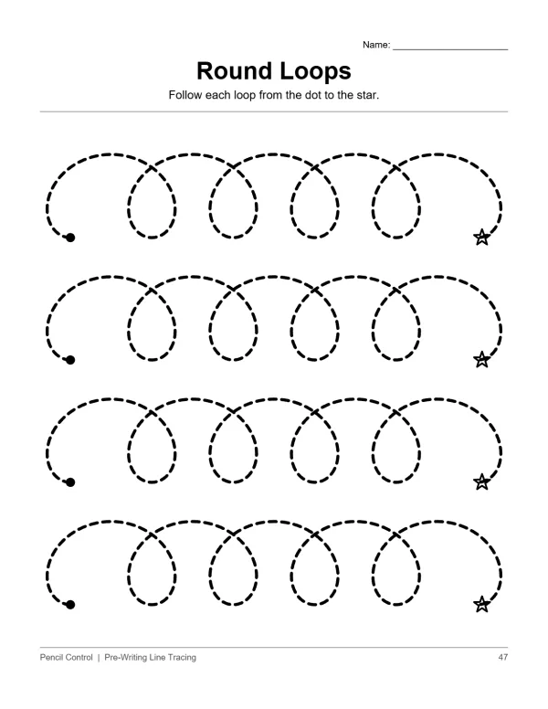 Dotted lines forming continuous loops to trace from a dot to a star.