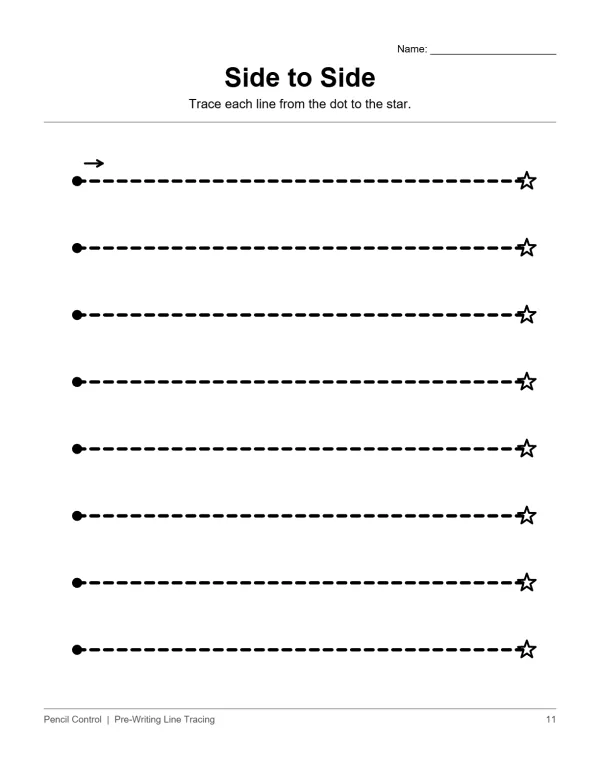 Dotted horizontal lines with a dot on the left and a star on the right for tracing practice.