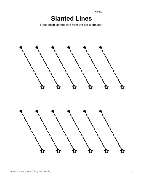 Dotted slanted lines connect dots to stars for tracing practice on a worksheet.