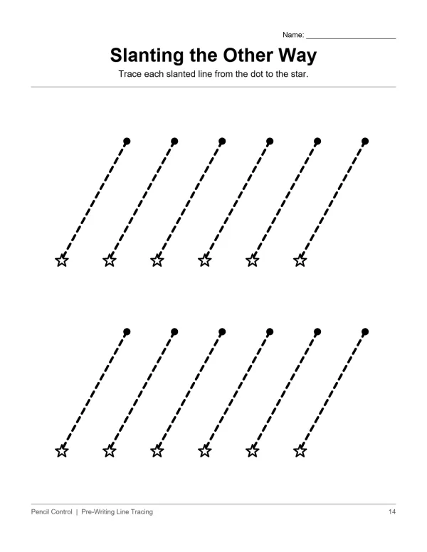 Two rows of dashed lines connecting dots to stars for tracing practice.