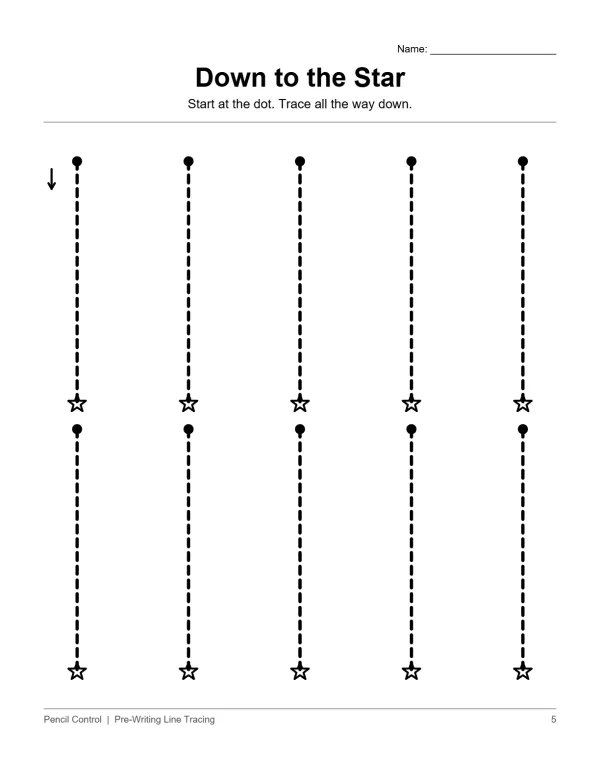 Dotted vertical lines with a dot at the top and a star at the bottom for tracing practice.