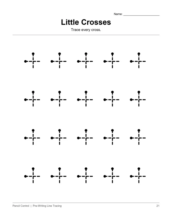 Dotted line crosses with dots at the end of each line for tracing practice.
