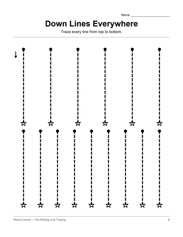 Worksheet with dotted vertical lines connecting dots to stars for tracing practice.