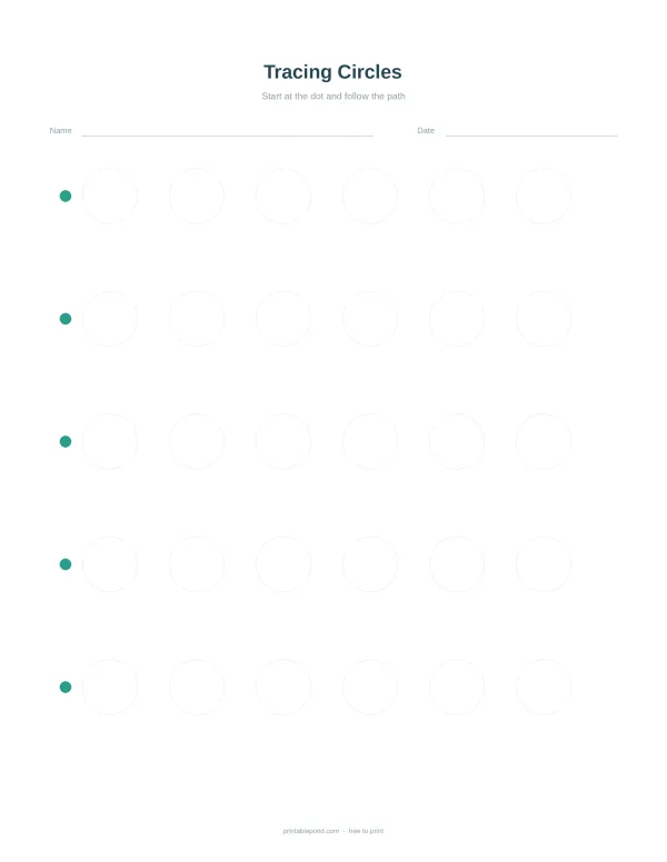 Worksheet with multiple rows of dotted circles for tracing practice, with starting dots on the left.