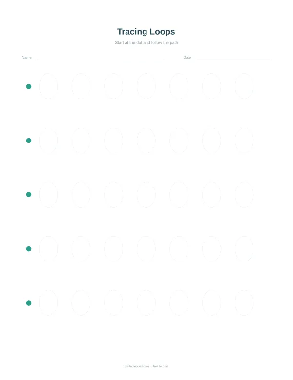 A worksheet with multiple rows of dashed oval shapes and starting dots for tracing practice.