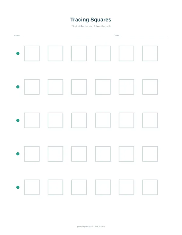 A worksheet with rows of empty squares for tracing, with a starting dot next to each row.