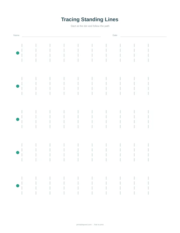 A worksheet with dashed vertical lines and green dots to trace standing lines.