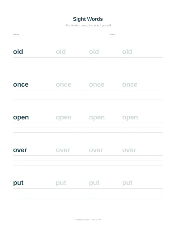 First grade sight words worksheet with words old, once, open, over, and put to trace and write.