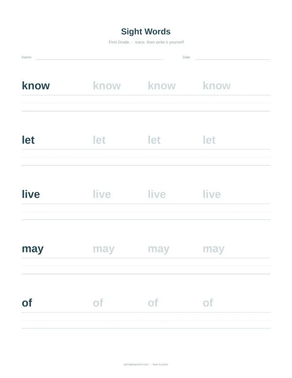 Worksheet with sight words 'know', 'let', 'live', 'may', and 'of' for tracing and writing practice.