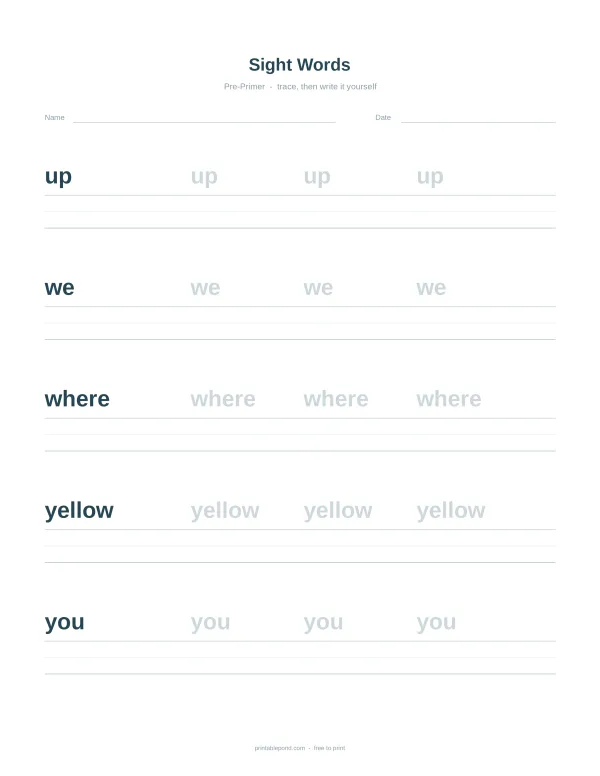 Worksheet with lines for tracing pre-primer sight words: up, we, where, yellow, and you.