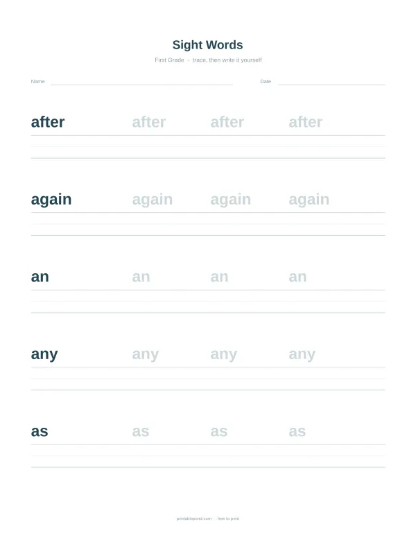 First grade sight words worksheet with words after, again, an, any, and as to trace.