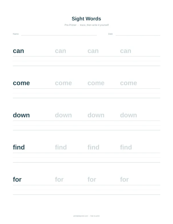 Worksheet with lines for tracing and writing sight words can, come, down, find, and for.