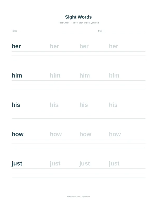 Worksheet with lines for tracing and writing sight words her, him, his, how, and just.