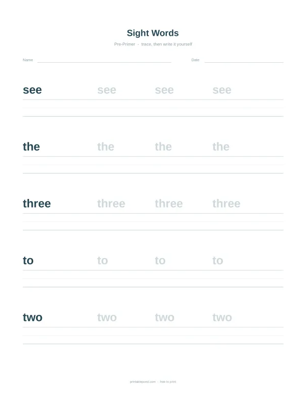Worksheet with lines for tracing and writing sight words: see, the, three, to, and two.