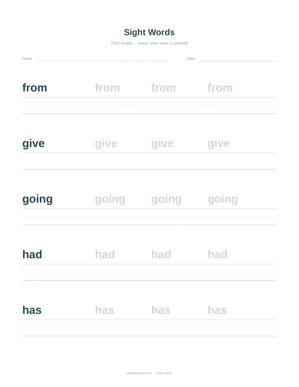 Worksheet with lines for tracing and writing sight words 'from', 'give', 'going', 'had', and 'has'.