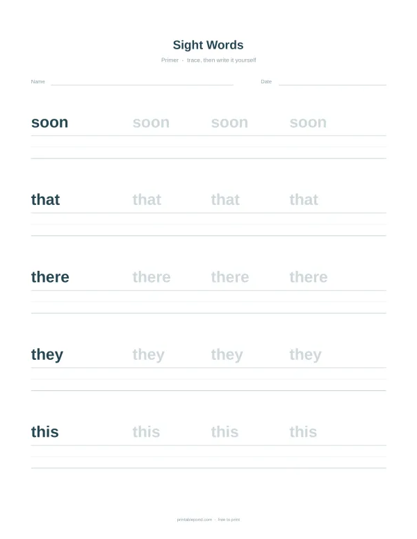 Trace and write lines for sight words soon, that, there, they, and this.
