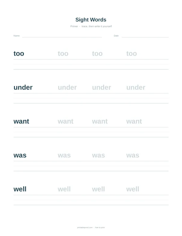 Worksheet with lines for tracing and writing sight words too, under, want, was, and well.