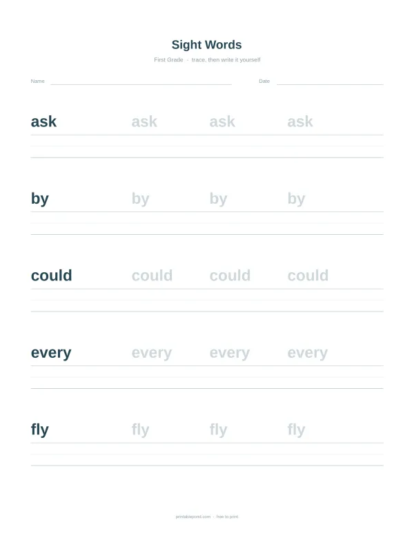 First grade sight words worksheet with words ask, by, could, every, and fly to trace and write.