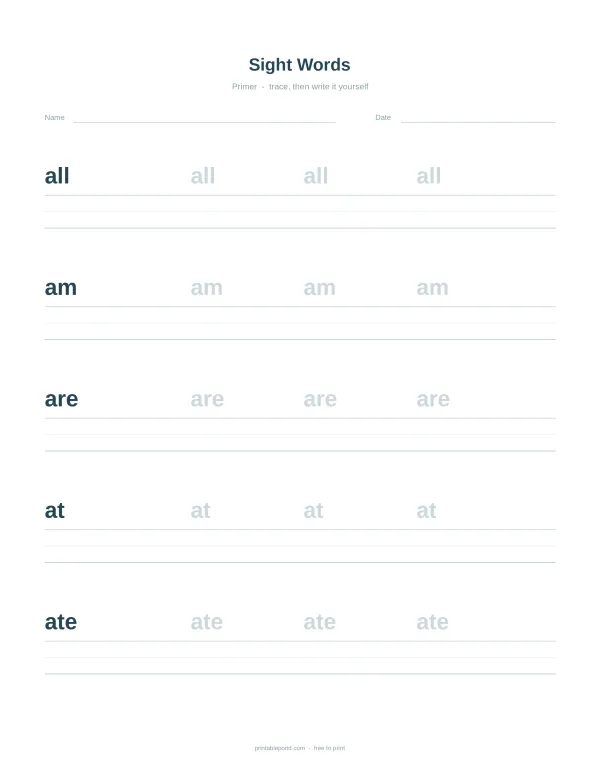 Worksheet with lines for tracing and writing the sight words 'all', 'am', 'are', 'at', and 'ate'.
