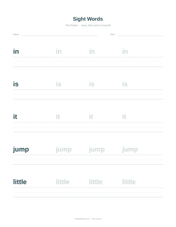 Worksheet with lines for tracing the sight words 'in', 'is', 'it', 'jump', and 'little'.