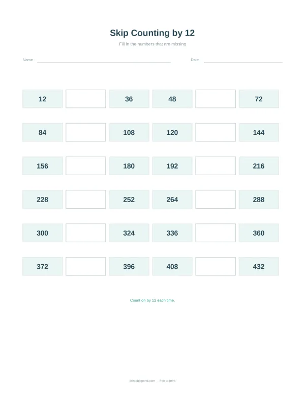 Worksheet with boxes for filling in numbers in a skip counting by 12 sequence.