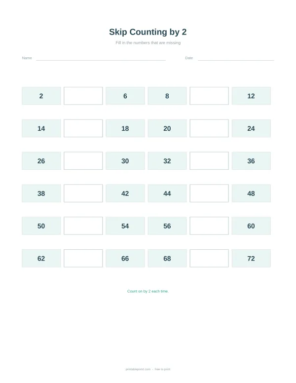 Worksheet with boxes for filling in numbers, showing skip counting by 2.